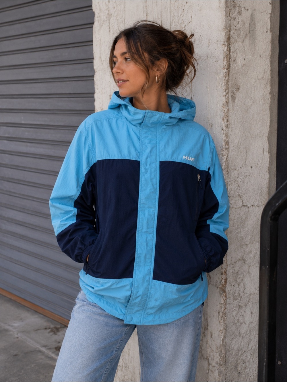 HUF Rare Sample Blue Colorblock Windbreaker Skateboard Jacket Tech-wear M‎